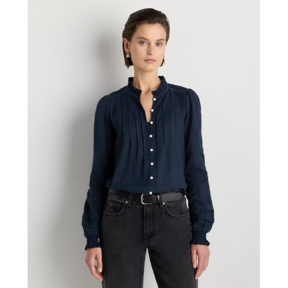 Quince Tops - Quince Organic Textured Cotton Peasant Blouse Ruffle Neck Pintuck Long Sleeve S